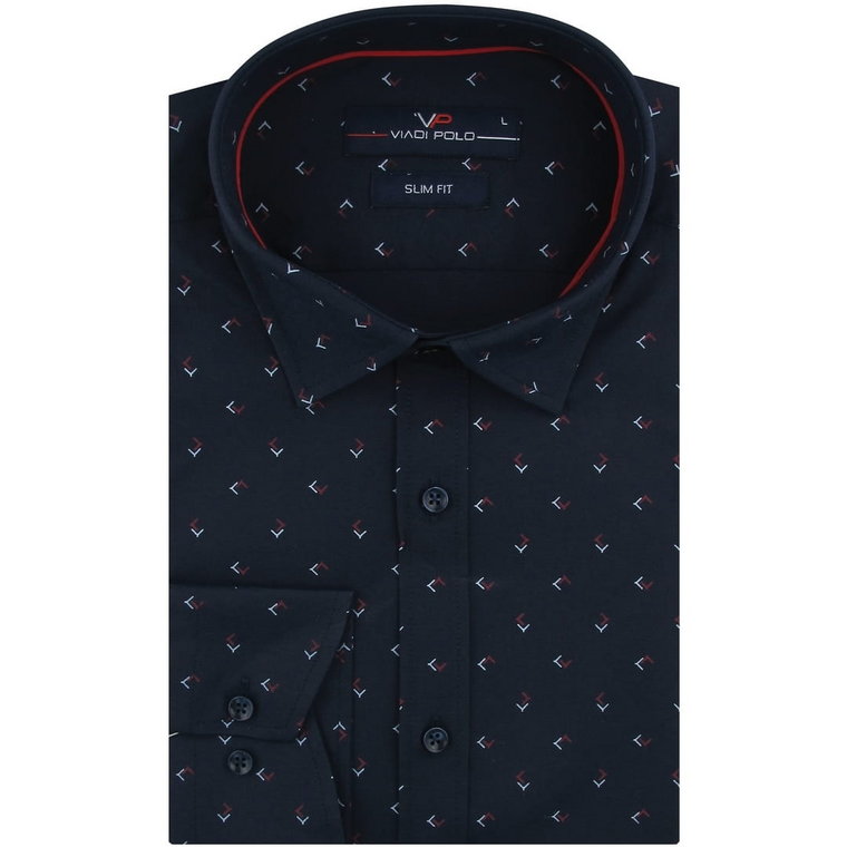 Koszula Męska Elegancka Wizytowa do garnituru granatowa we wzorki z długim rękawem w kroju SLIM FIT Viadi Polo E721