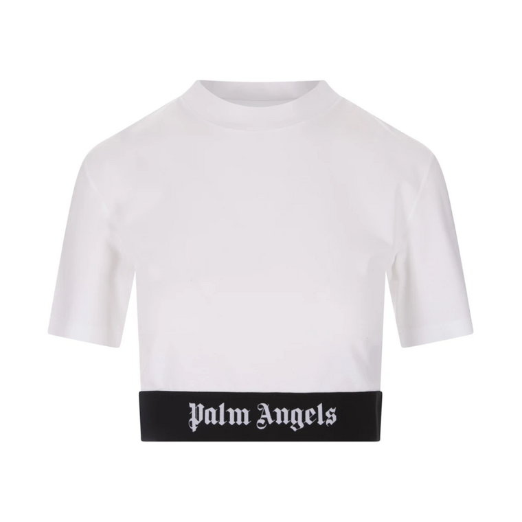 Biała Bawełniana Koszulka Crop z Logo na Elastycznej Taśmie Palm Angels