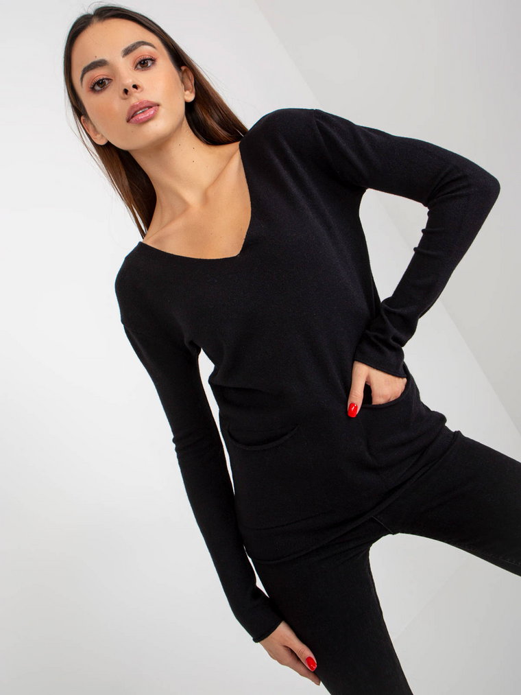 Sweter klasyczny czarny casual dekolt w kształcie V rękaw długi kieszenie