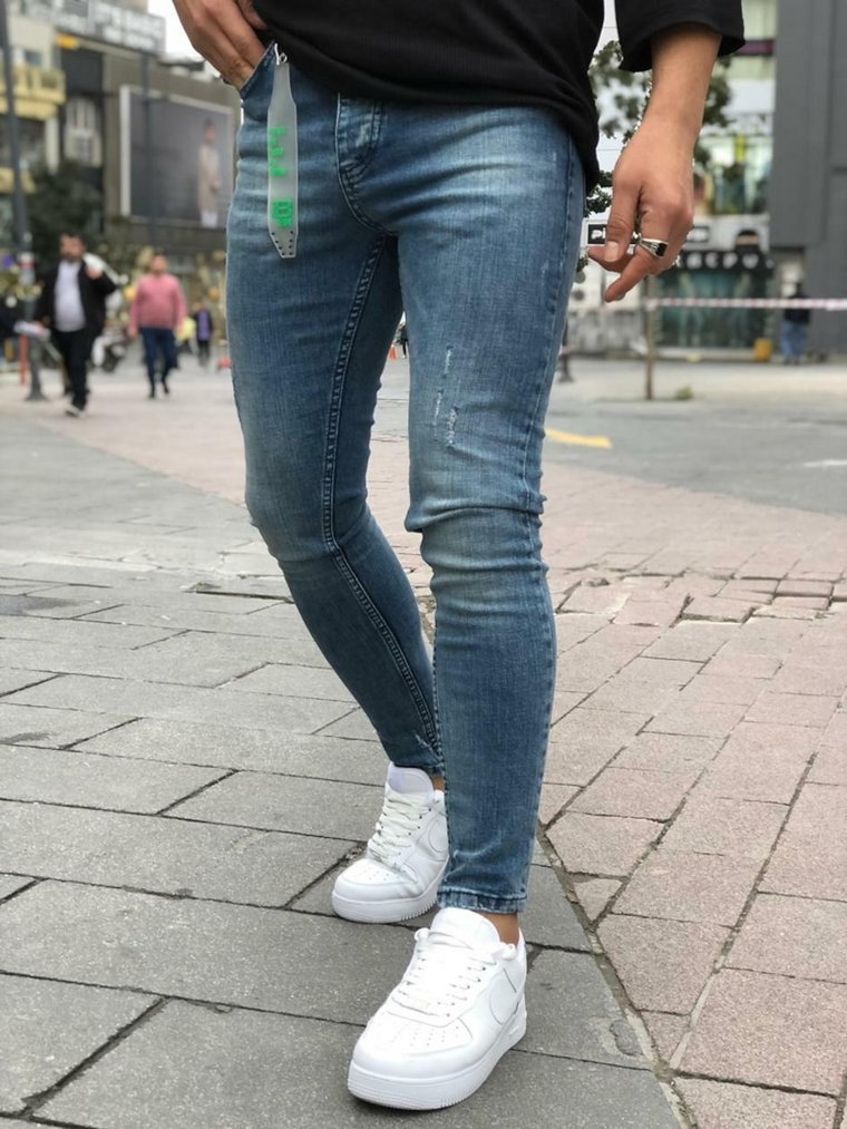 Spodnie Jeansowe Skinny Męskie Sprane Niebieskie i8 Denim Scuff