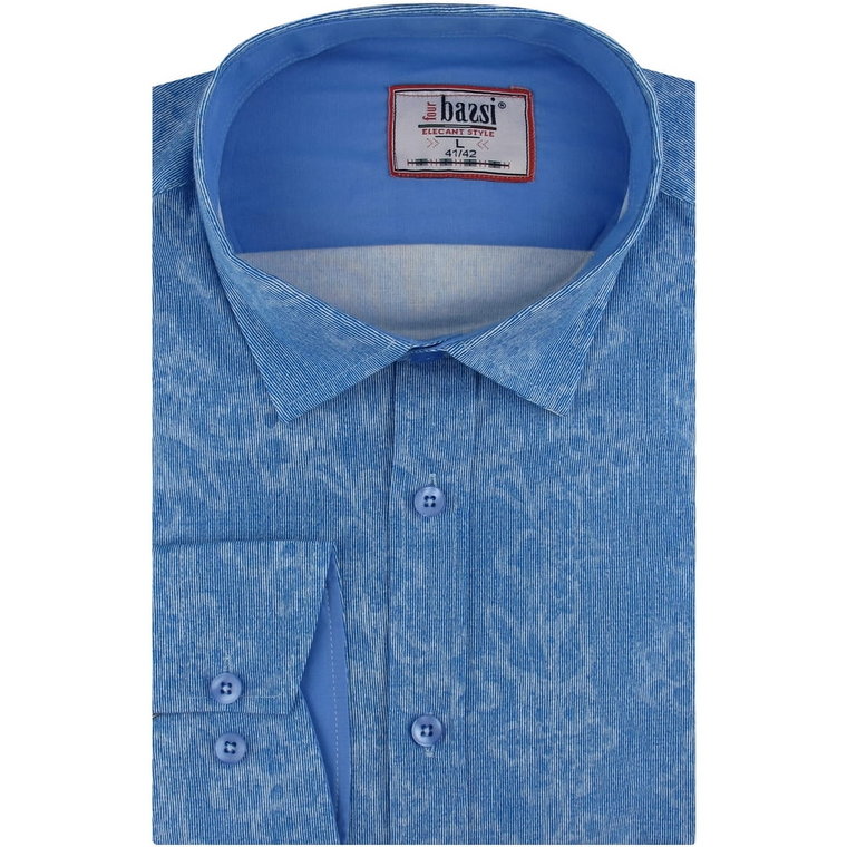 Koszula Męska Elegancka Wizytowa do garnituru niebieska we wzory z długim rękawem w kroju SLIM FIT Bassi E559