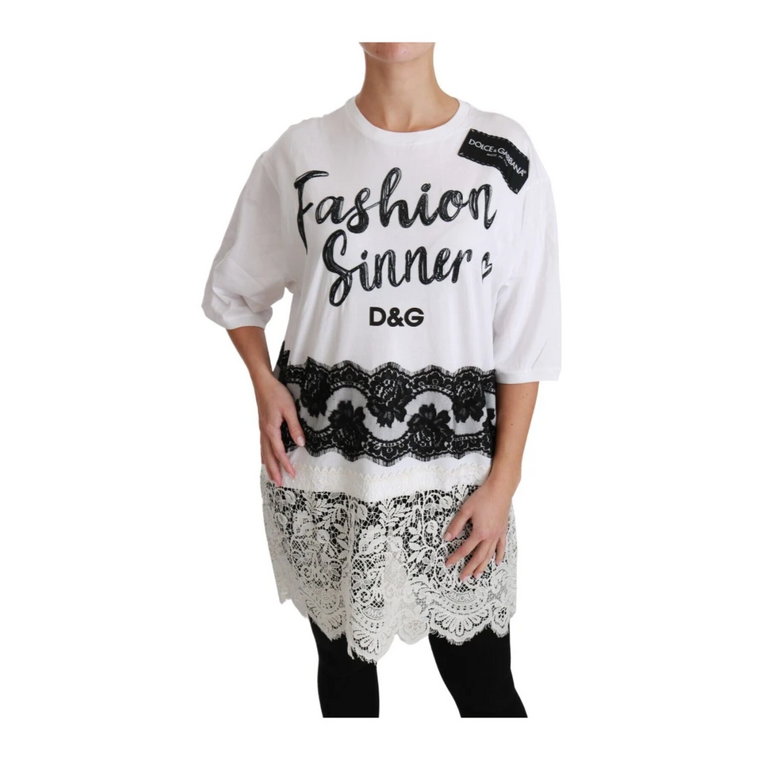 Modna Grzesznica Bawełniana Koronkowa Koszulka Dolce & Gabbana