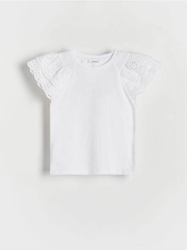 Reserved - Bawełniany t-shirt z falbanką - biały
