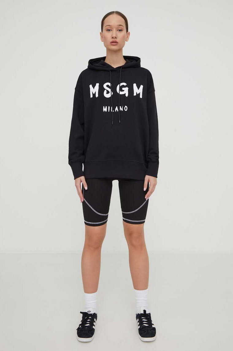 MSGM bluza bawełniana damska kolor czarny z kapturem z nadrukiem