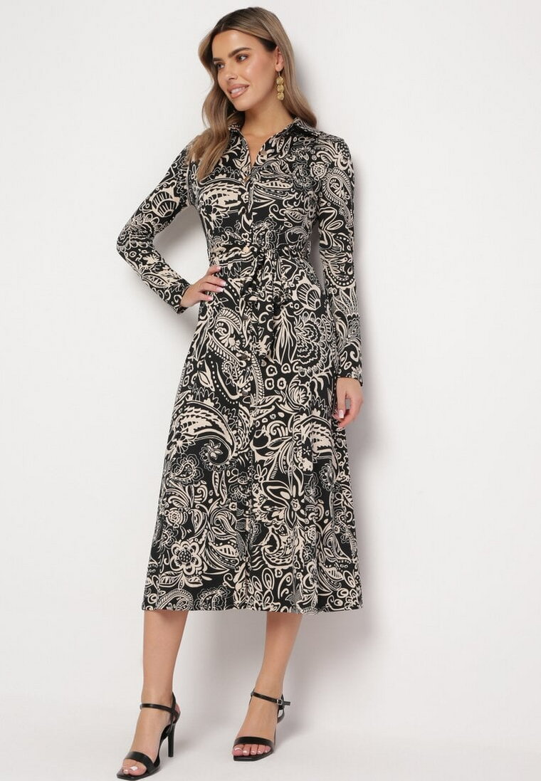 Czarno-Beżowa Rozkloszowana Midi Sukienka z Materiałowym Paskiem w Modny Print Zamipa