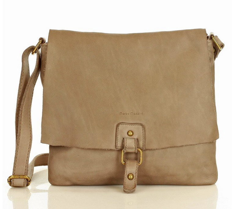 Torebka skórzana listonoszka stylowy minimalizm ala messenger leather bag - MARCO MAZZINI beż taupe