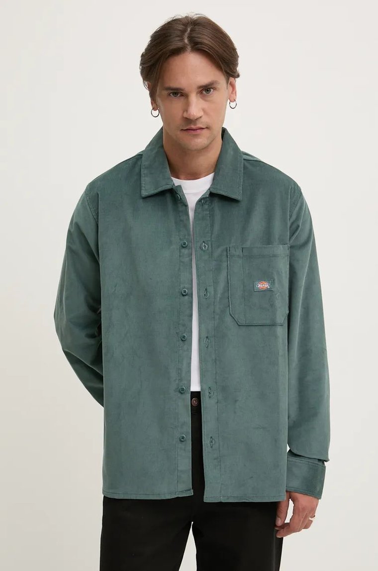 Dickies koszula sztruksowa CORDUROY kolor zielony regular z kołnierzykiem klasycznym DK0A8652