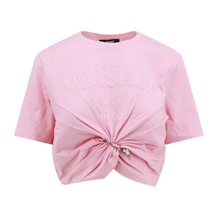 Różowy T-Shirt z Okrągłym Dekoltem i Nadrukiem Logo Versace