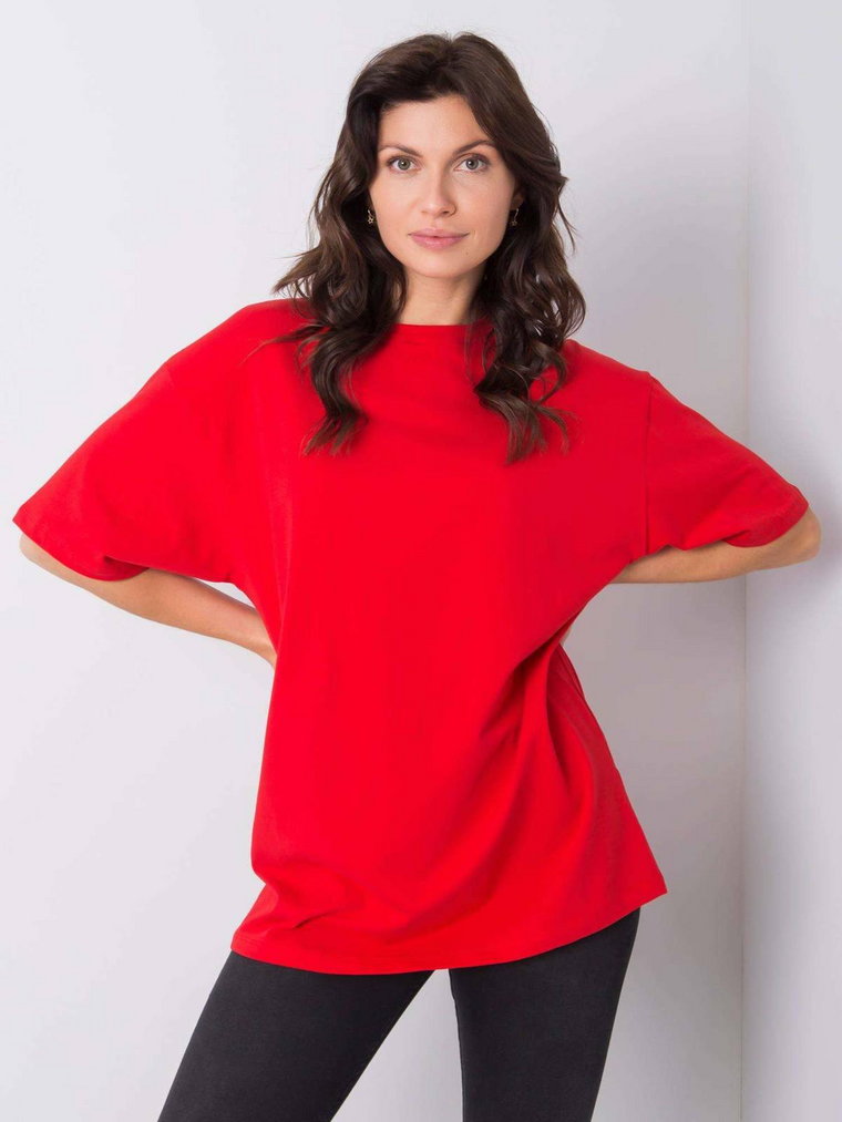 T-shirt jednokolorowy czerwony casual dekolt okrągły rękaw krótki