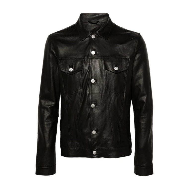 Czarna kurtka skórzana z kołnierzykiem w stylu koszuli i wieloma kieszeniami Giorgio Brato