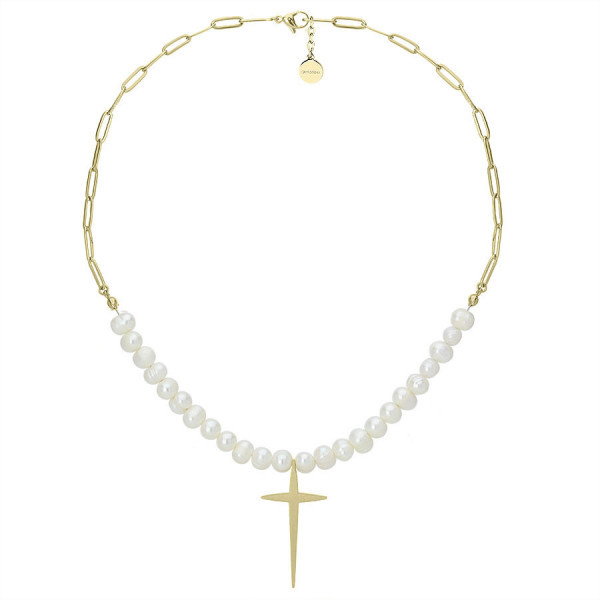 Naszyjnik pozłacany łańcuch z perłami i krzyżem ze stali szlachetnej