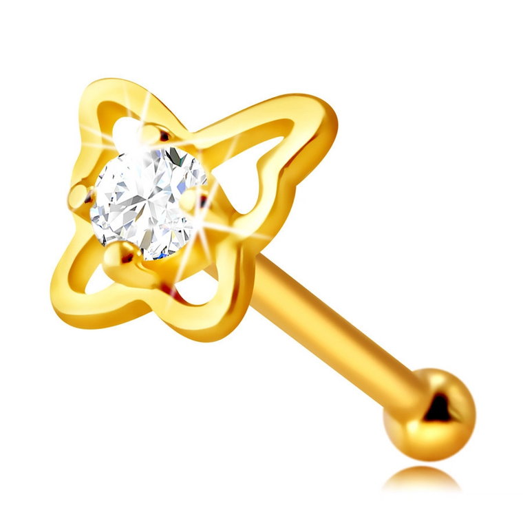 Diamentowy piercing do nosa z żółtego 14K złota - kontur motyla z brylantem, 1,75 mm