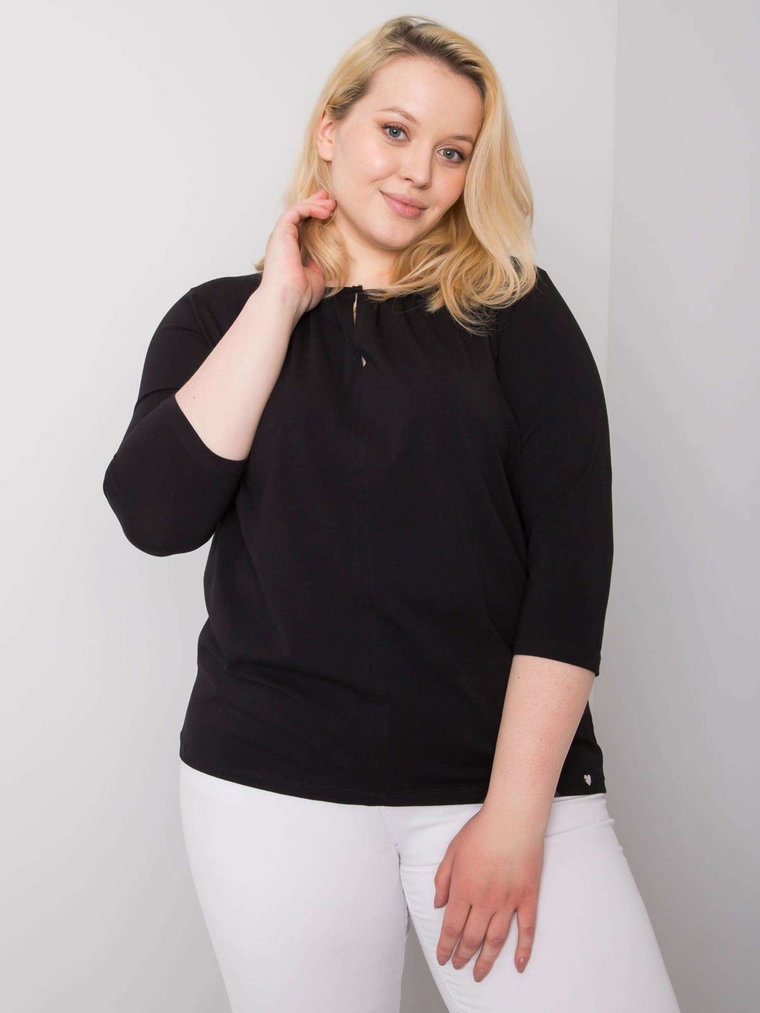 Bluzka plus size czarny casual dekolt okrągły łódka rękaw 3/4 marszczenia