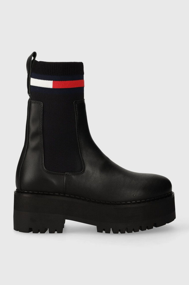 Tommy Jeans sztyblety skórzane TJW FLATFORM CHELSEA SOCK damskie kolor czarny na płaskim obcasie EN0EN02301