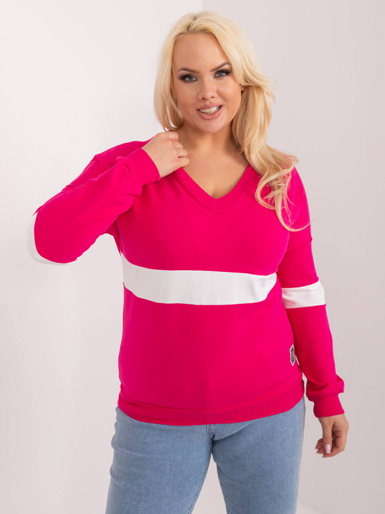 Bluzka plus size fuksjowy casual codzienna dekolt w kształcie V rękaw długi naszywki