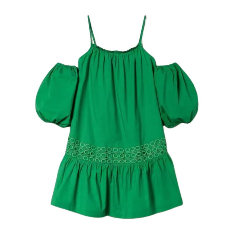 Zielona Sukienka z Balonowym Rękawem z Popeliny Twinset