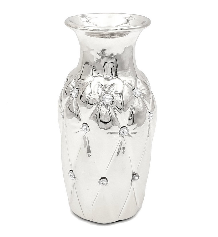 Wazon ceramiczny z kryształkami glamour srebrny okrągły pikowany ludwik 24 cm