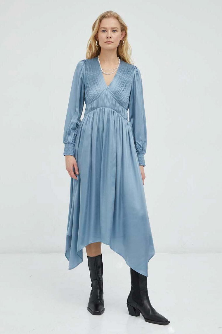 AllSaints sukienka ESTELLE DRESS kolor niebieski midi rozkloszowana WD320Y