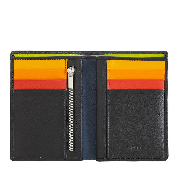 Skórzany portfel męski RFID składany model wielokolorowy z uchwytem na dokumenty i wewnętrznym zamkiem błyskawicznym.