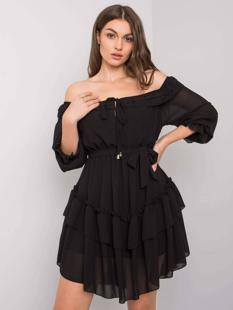 Sukienka hiszpanka czarny casual codzienna dekolt rękaw 3/4 długość mini falbana