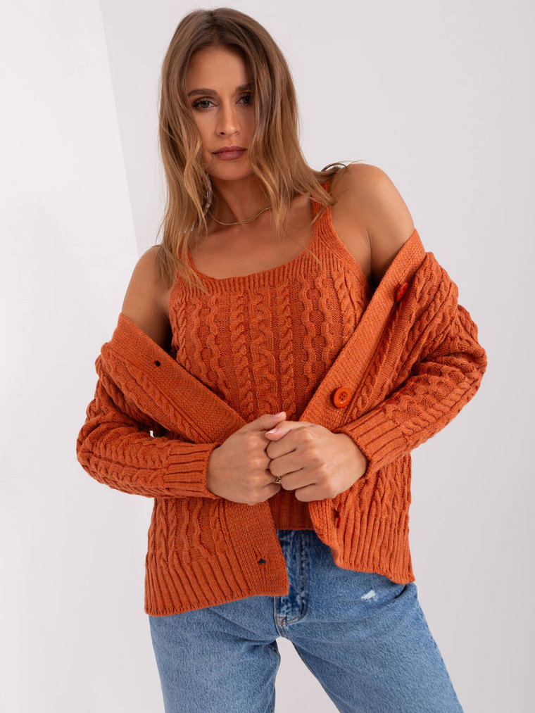 Komplet rozpinany ciemny pomarańczowy sweter i top dekolt kwadratowy w kształcie V rękaw na ramiączkach