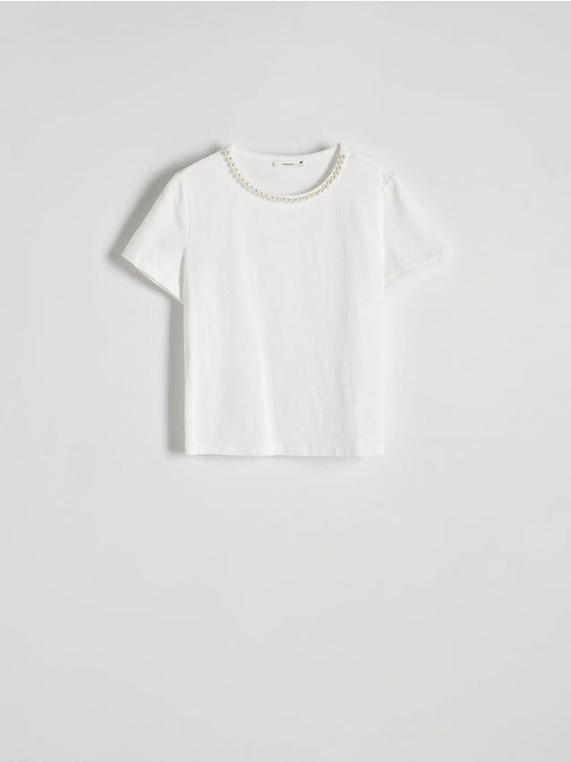 Reserved - T-shirt z ozdobnym dekoltem - biały