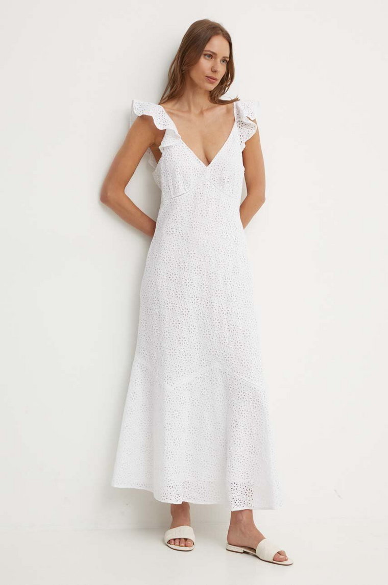 Polo Ralph Lauren sukienka lniana kolor biały maxi rozkloszowana 211935174