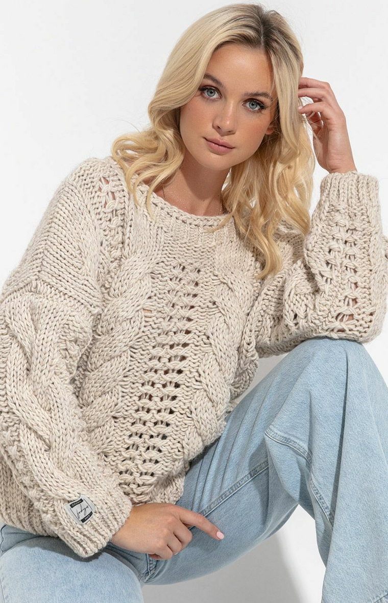 Beżowy ażurowy wełniany sweter o grubym splocie Chunky Knit F1318, Kolor beżowy, Rozmiar S/M, Fobya