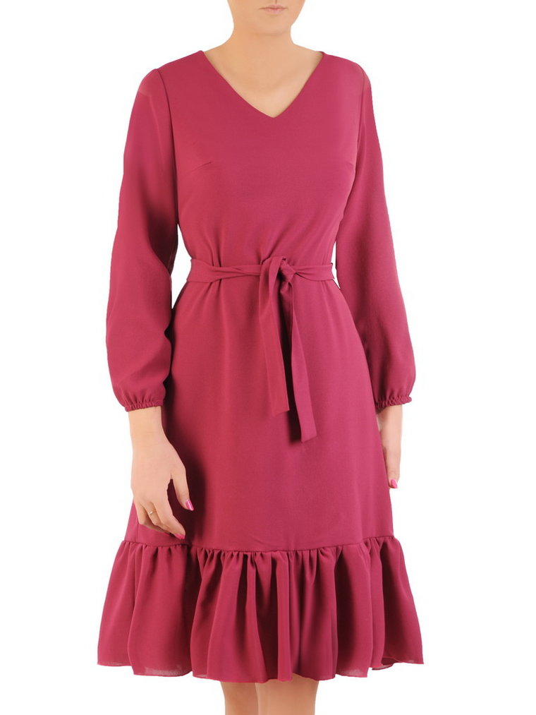 Trapezowa, szyfonowa sukienka z modną falbaną i bufiastymi rękawami 31921