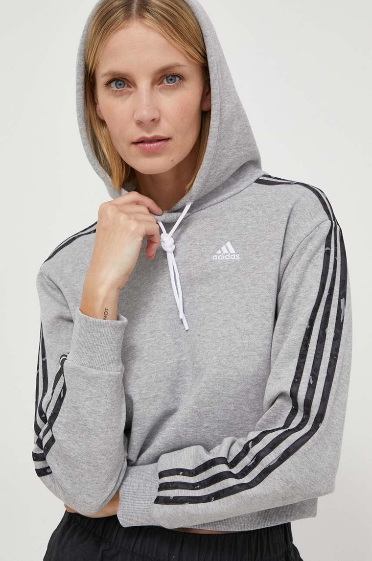 adidas bluza bawełniana damska kolor szary z kapturem z nadrukiem IN9931