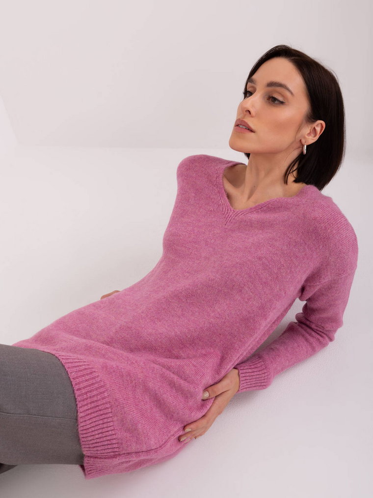 Sweter oversize jasny fioletowy casual dekolt w kształcie V rękaw długi długość długa