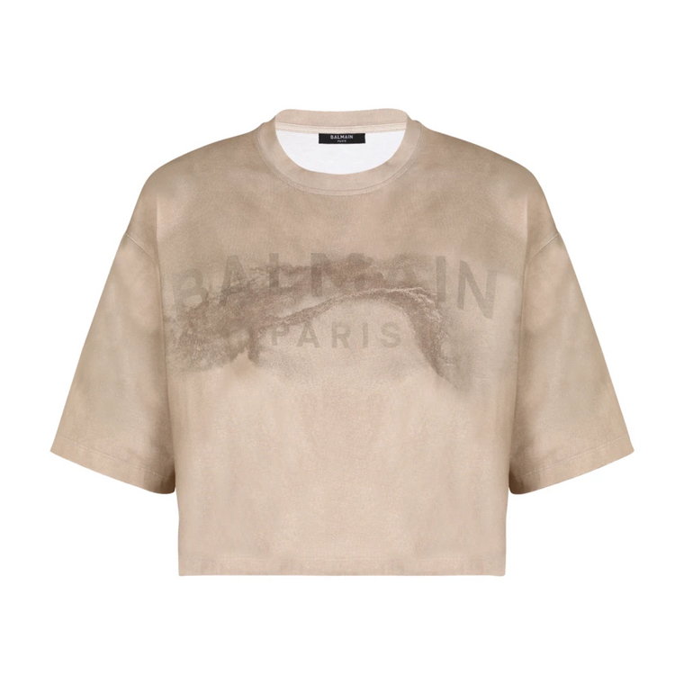 Eko-odpowiedzialny przycięty T-shirt z nadrukiem logo Balmain