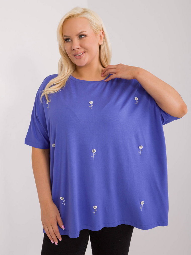 Bluzka plus size fioletowy casual codzienna dekolt okrągły rękaw krótki dżety cyrkonie