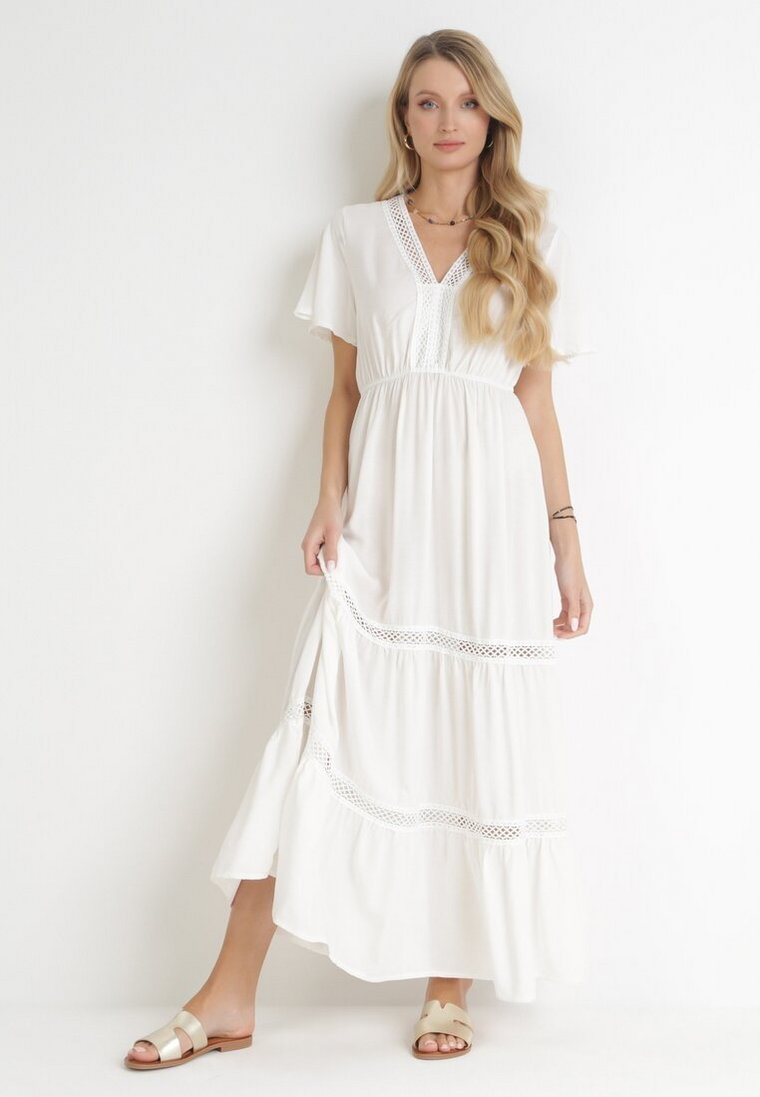 Biała Sukienka Maxi z Gumką w Pasie i Koronkowymi Wstawkami Anandia