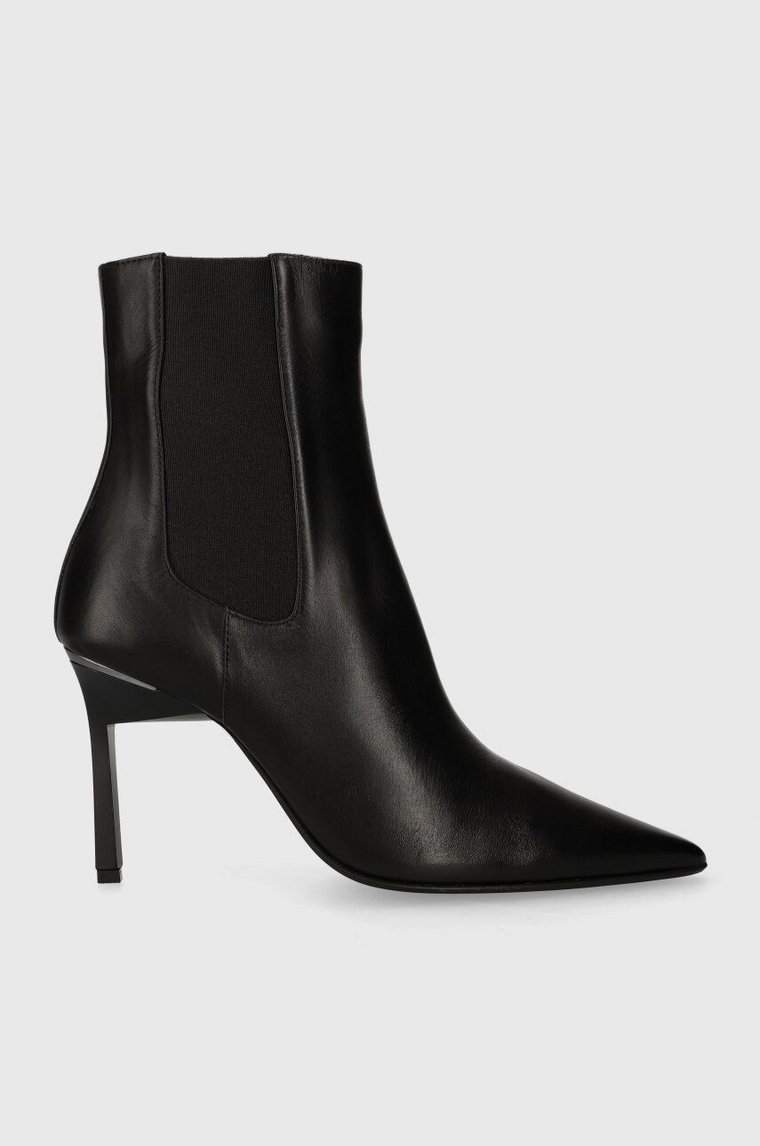 Calvin Klein sztyblety skórzane GEO STILETTO CHELSEA BOOT 90 damskie kolor czarny na szpilce HW0HW01708