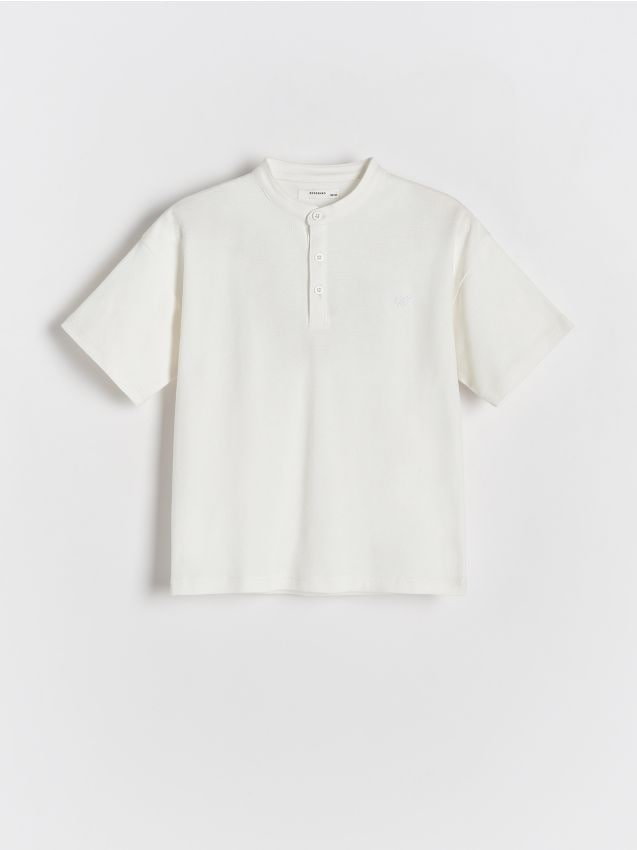 Reserved - Bawełniany t-shirt henley - złamana biel