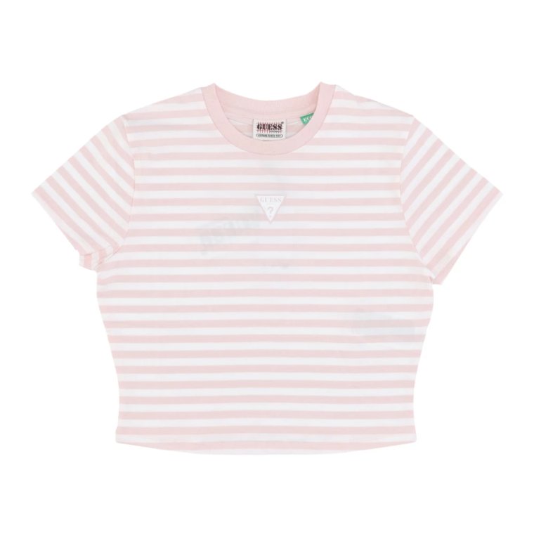 Prążkowany T-shirt Crop Bawełna Róż Guess