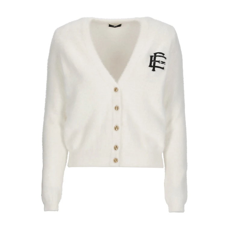 Biała Sweter z Dekoltem w Literę V i Haftowanym Logo Elisabetta Franchi