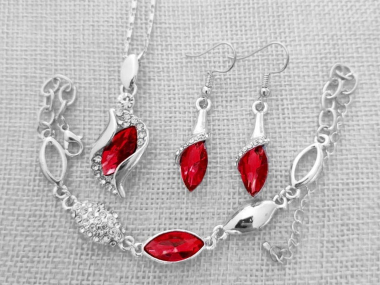 ASrebrny komplet biżuterii czerwone cyrkonie srebrzone łezki