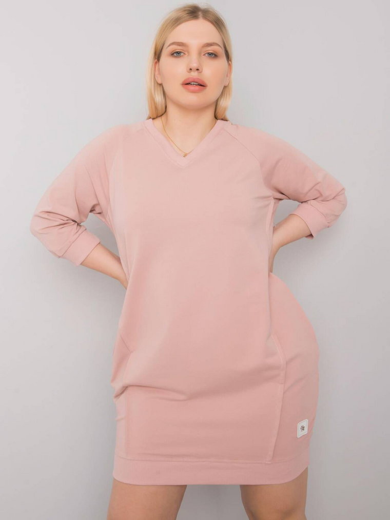 Sukienka plus size jasny różowy casual codzienna dekolt w kształcie V rękaw 3/4 długość mini