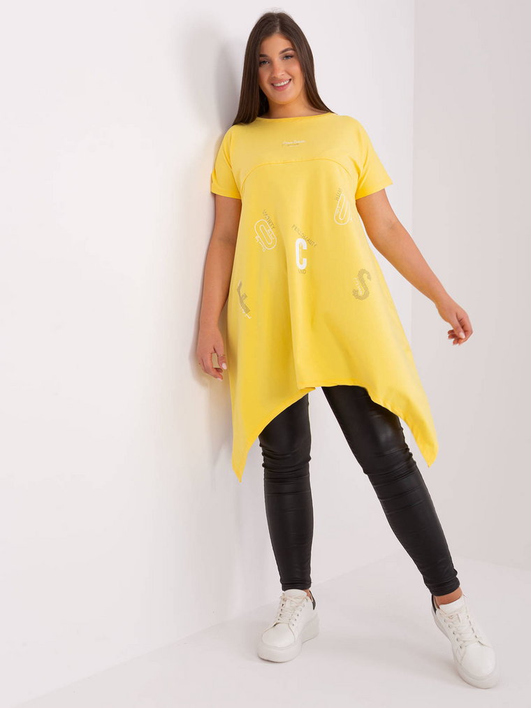 Tunika plus size żółty sukienka codzienna dekolt okrągły rękaw krótki
