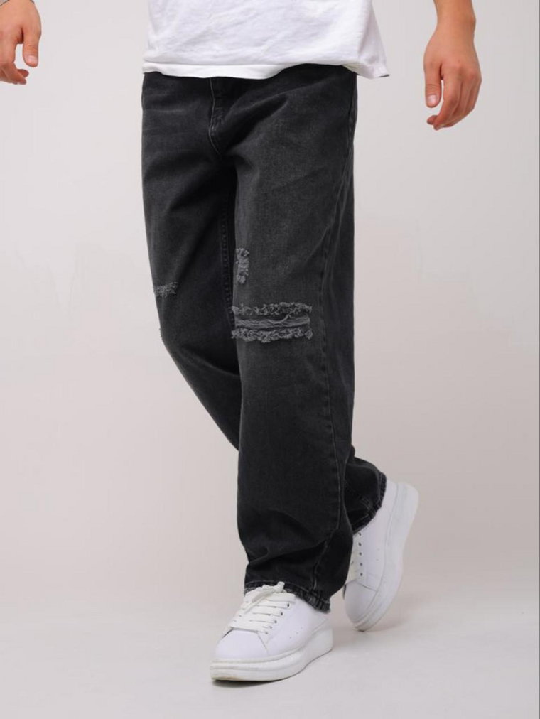 Szerokie Spodnie Jeansowe Baggy i8 Denim Sprane Czarne Damage