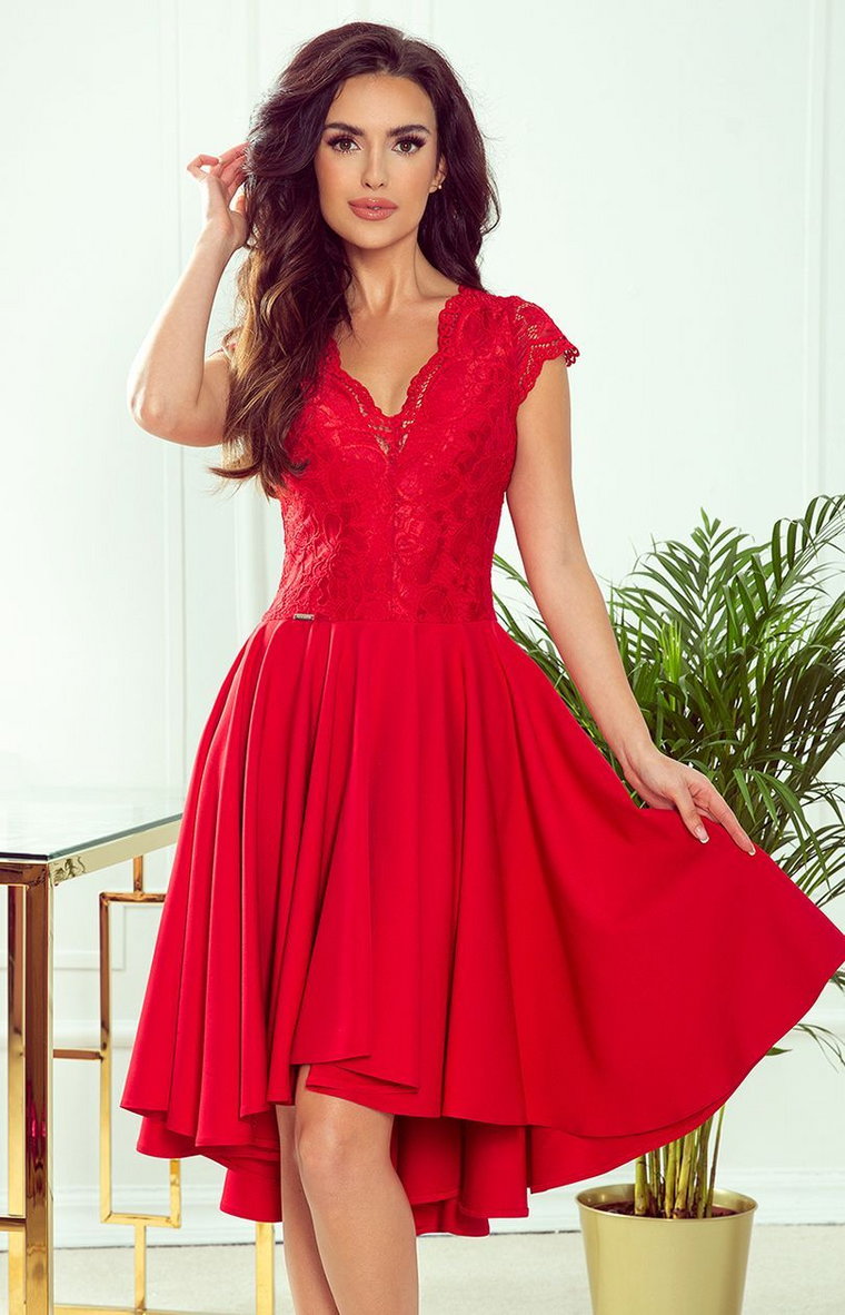 Wieczorowa czerwona sukienka damska rozkloszowana z koronką 300-2 Patricia, Kolor czerwony, Rozmiar S, Numoco