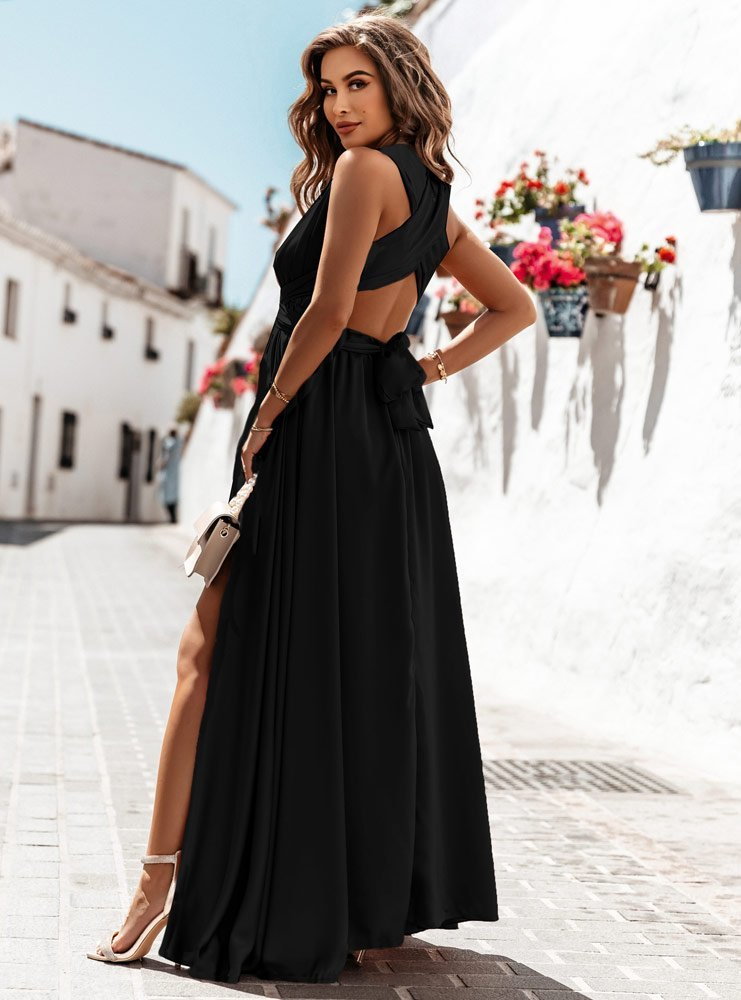 Czarna długa satynowa sukienka - różne wiązania Cissa - czarny