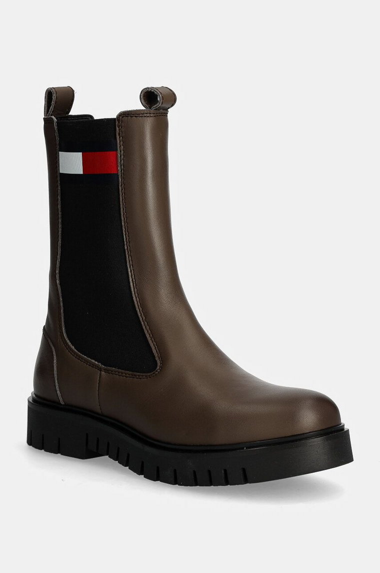 Tommy Jeans sztyblety skórzane TJW LONG CHELSEA BOOT damskie kolor brązowy na platformie EN0EN02625