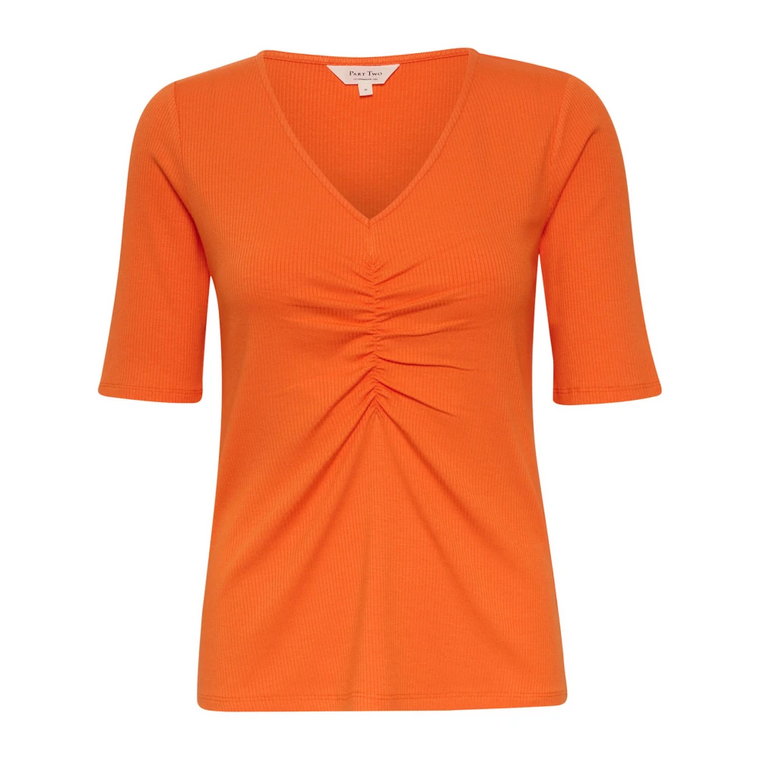 Mandarin Orange Zmarszczony T-Shirt z Dekoltem w Serek Part Two
