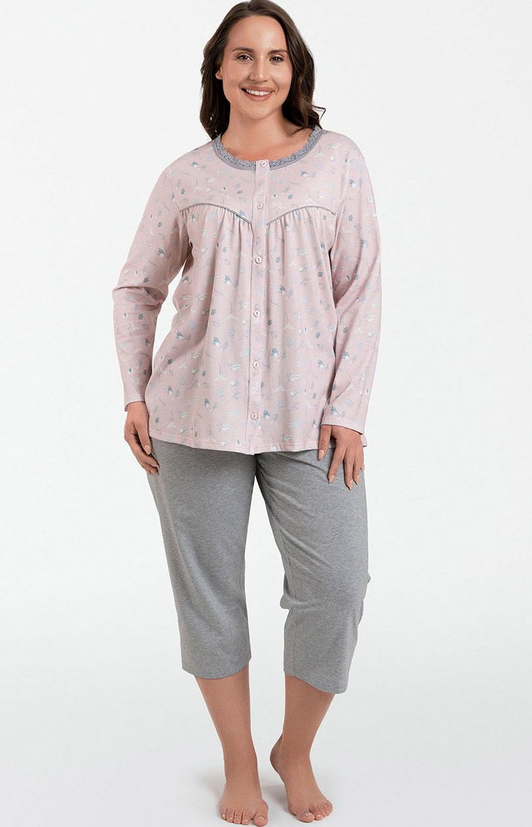 Bawełniana piżama damska rozpinana Daniela, Kolor różowo-szary, Rozmiar M, Italian Fashion