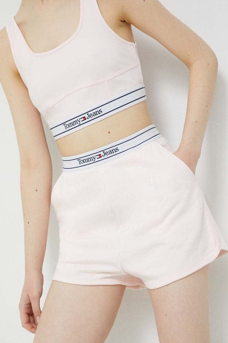 Tommy Jeans szorty damskie kolor różowy gładkie high waist