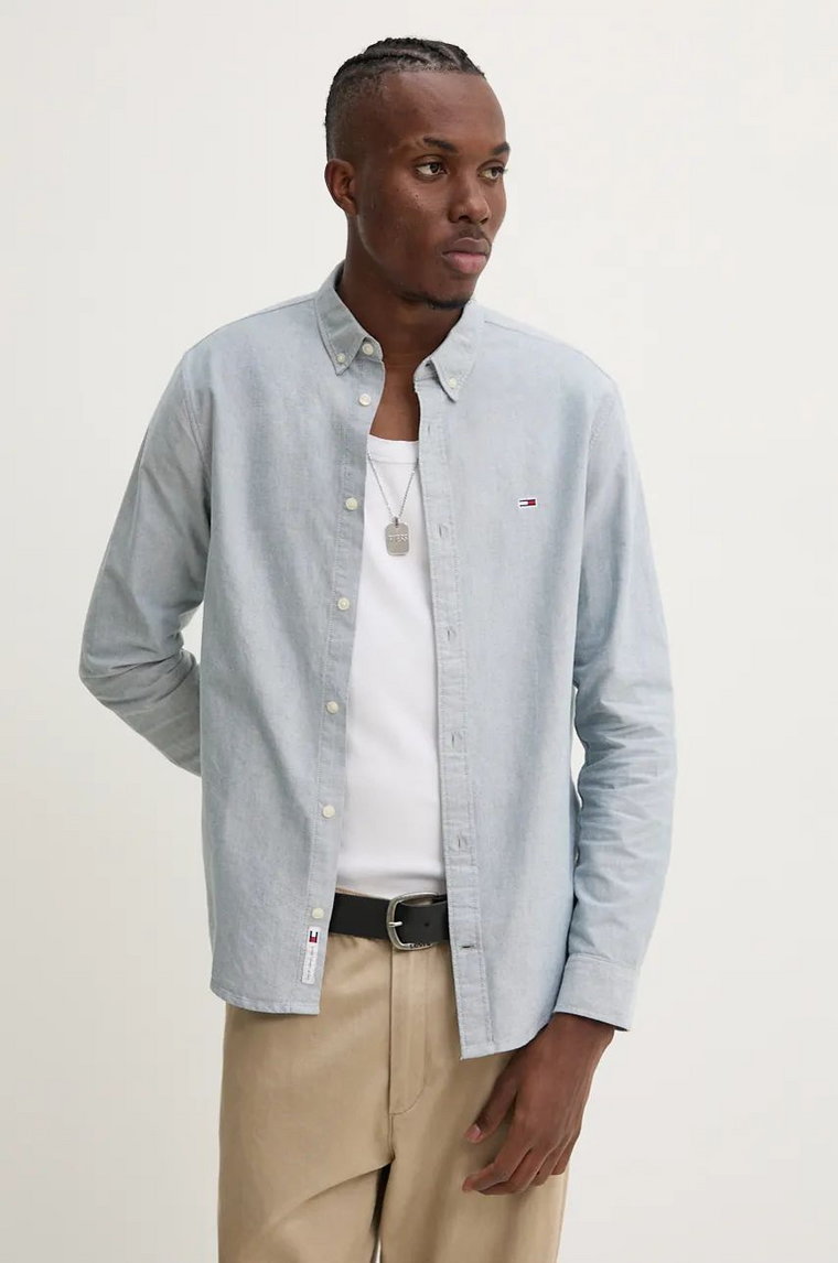 Tommy Jeans koszula bawełniana męska kolor zielony regular z kołnierzykiem button-down