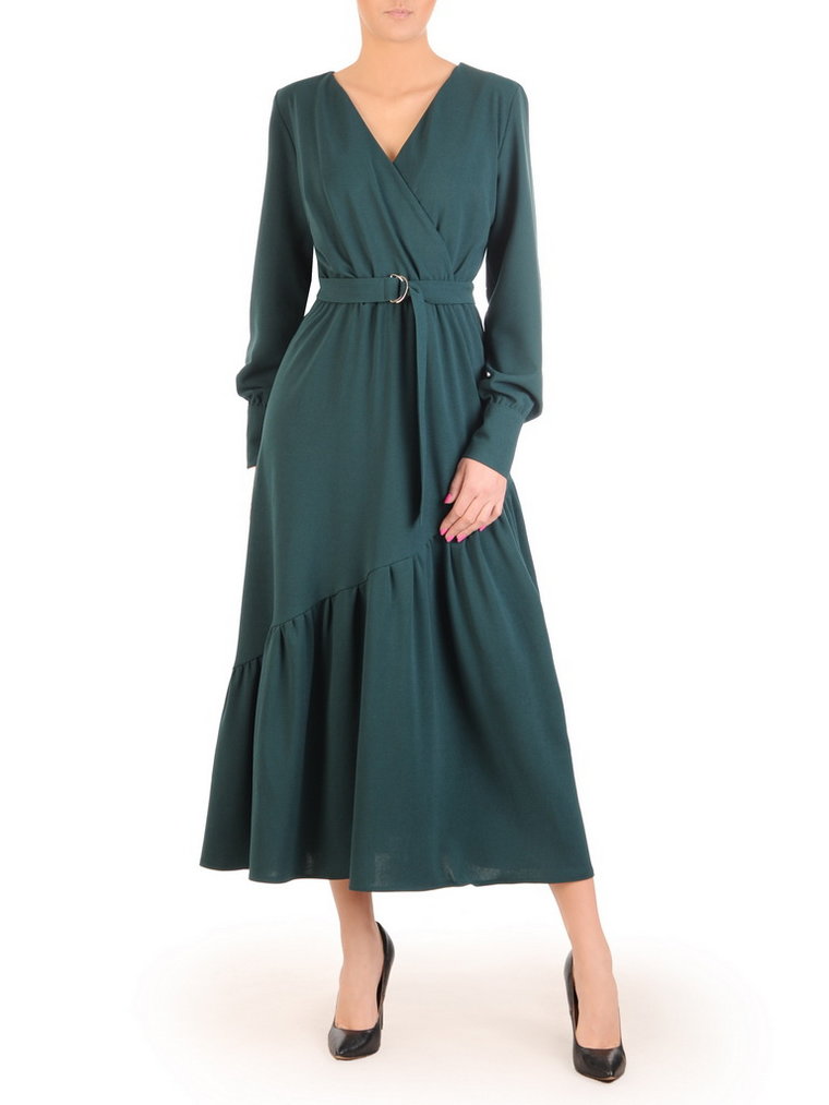 Zielona sukienka z kopertowym dekoltem i modną falbaną 31965